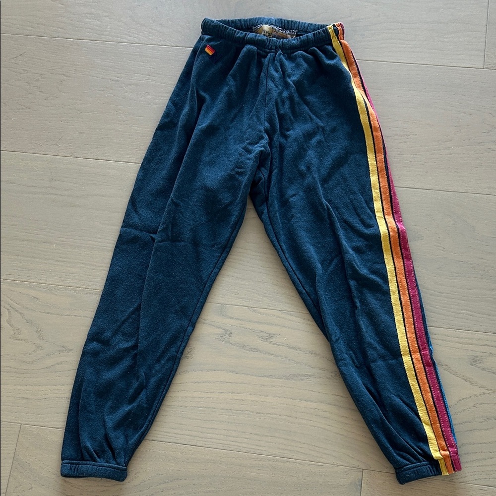 Aviator Nation Blue Track Pants with Rainbow Stripes